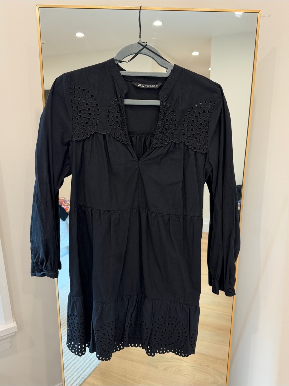 Zara Black Eyelet-Trim Long Sleeve Tiered Dress